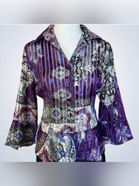 Belissimo New York Patchwork Purple Silver Statement Blouse - Petite Small